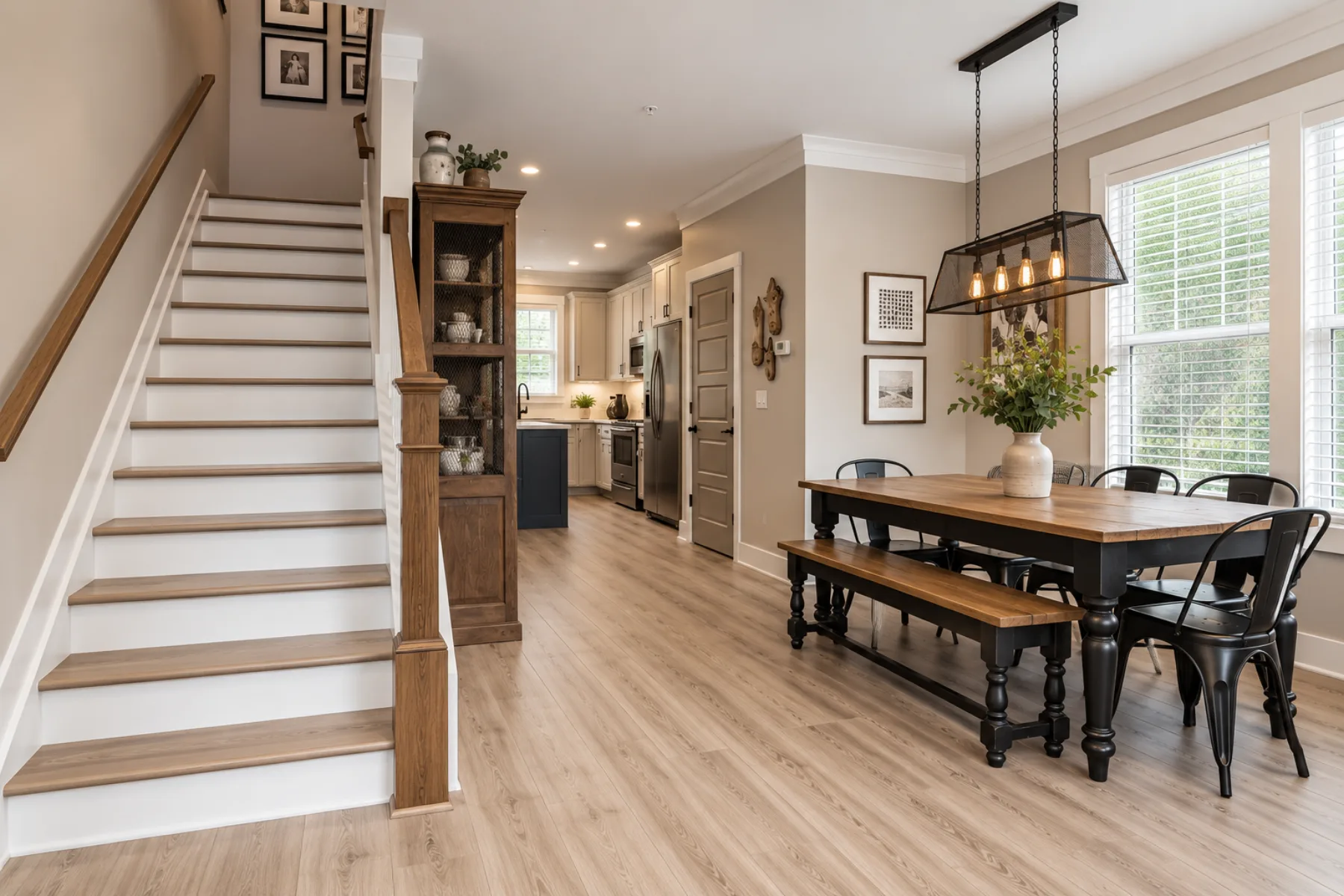 Dining area and staircase with warm light wood-look flooring