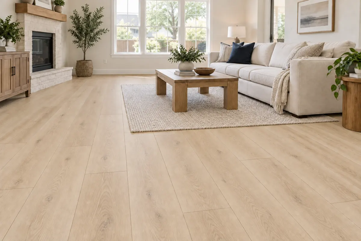 Living room visualization with soft blonde vinyl plank flooring